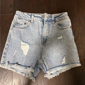 Indigo Light Blue Distressed High-Rise Jean Shorts